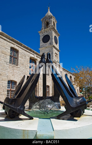 The Clock Tower and Anchor Fountain at the Royal Naval Dockyard at the West End, Bermuda. Stock Photo