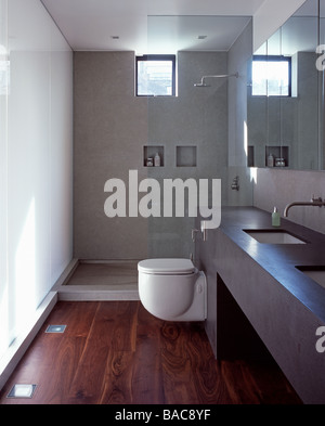 Modern bathroom with mirrored cabinet, Belsize architects, UK. Stock Photo