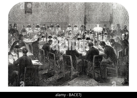 the reporters room at the house of commons Palace of Westminster Parliament 1867 Stock Photo