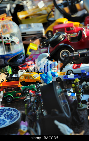 Paris France, Cars, Toys, Shopping, Outside Public 'Flea Market' Detail Collectible Children's Vintage Objects on Display Stock Photo