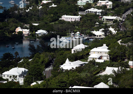 Arial view from Gibbs' Hill Lighthouse, showing  Houses and Inlets around Jews Bay, Southampton Parish, Bermuda Stock Photo