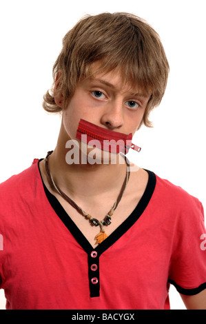 Boy with mouth zipped shut Stock Photo