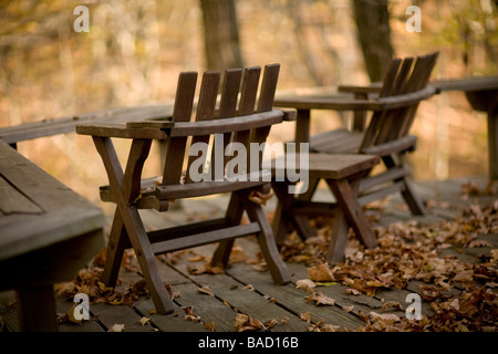 Two chairs outside on a deck Stock Photo
