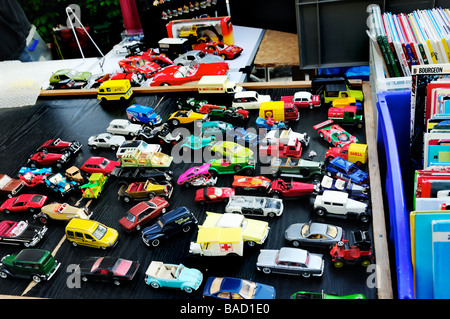 Paris France, Cars, Shopping, Outside Public 'Flea Market' Detail Collectible Children's Vintage toys  Display, Brocante, colorful objects Stock Photo