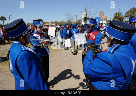 High School Band Members at Strawberry Festival Parade Plant City Florida Stock Photo
