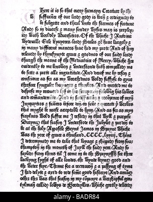 WILLIAM CAXTON a page from his Dictes and Sayenges of the Phylosophers published in 1477 the first book printed in England Stock Photo