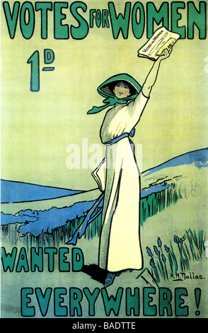 VOTES FOR WOMEN 1905 poster for Womens Sociel and Political Union led by Emmeline and Christabel Pankhurst.Designed by HM Mallas Stock Photo