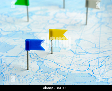 Flag a pin A label on a planimetric map Stock Photo