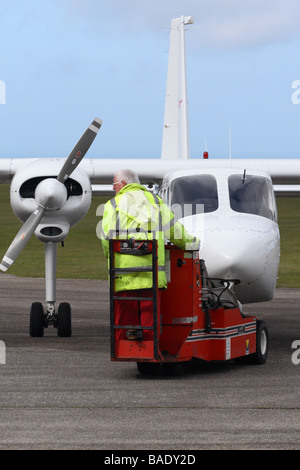 Skybus airlines operates from Lands End airfield near St Just Cornwall flying small BN Islander aircraft to the Scilly Isles Stock Photo