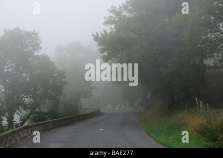 Foggy Road in Rocamadour, Lot, Midi-Pyrenees, France Stock Photo