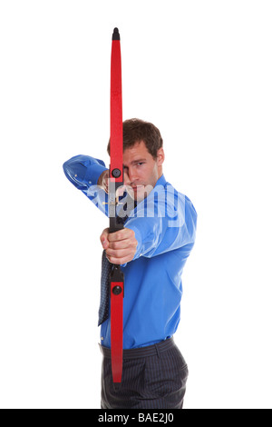 Businessman with a bow and arrow aiming at camera isolated on white background Stock Photo