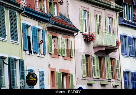 France, Doubs, Montbeliard, Rue Clemenceau colourful facades Stock Photo