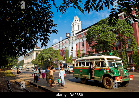 Myanmar (Burma), Yangon Division, Yangon, Strand Avenue, a Chevelet (wooden bus) dating from the 2nd World War passing the Stock Photo