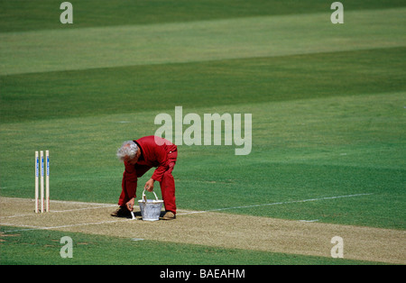 A groundsman white lining the crease at the oval cricket ground Stock Photo