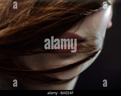 Young woman with beautiful breast on dark background, closeup Stock Photo