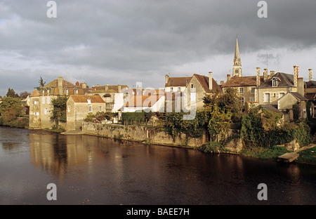 Montmorillon, Vienne, France. The town seen across the river Gartempe, with an impending storm. Stock Photo