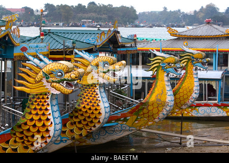 Dragon boats on the Perfume River at Hue Vietnam Stock Photo