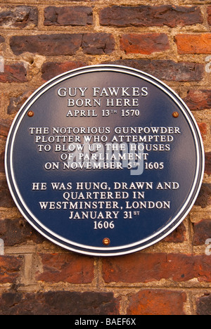 A plaque on the wall of the house where Guy Fawkes was born in York,Yorkshire,Uk Stock Photo