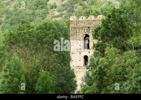 Bell Tower of the romanic church of Santa Maria in Ribera de Cardos Lleida Spain Stock Photo