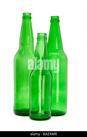 Three green empty beer bottles on white background Stock Photo