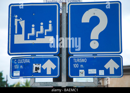 MEXICO San Jose del Cabo Blue tourism information and direction signs on post question mark international symbols Stock Photo