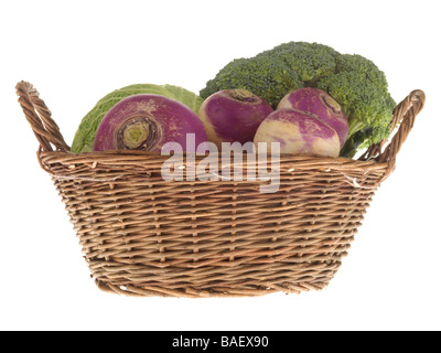 Basket Of Fresh Ripe Organic Vegetables Isolated Against A White Background With No People And A Clipping Path Stock Photo