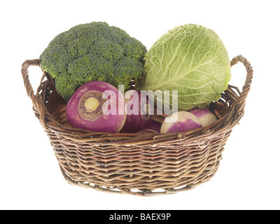 Basket Of Fresh Ripe Organic Vegetables Isolated Against A White Background With No People And A Clipping Path Stock Photo