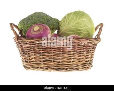 Basket Of Fresh Ripe Organic Vegetables Isolated Against A White Background With No People And A Clipping Path Stock Photo