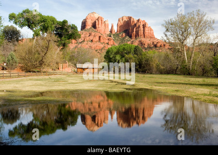 Reflections of Cathedral Rock at Crescent Moon Ranch - Sedona, Arizona USA Stock Photo