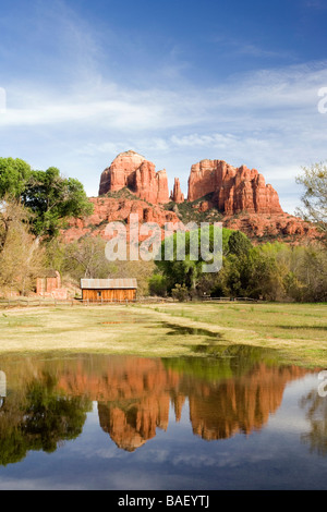 Reflections of Cathedral Rock at Crescent Moon Ranch - Sedona, Arizona USA Stock Photo