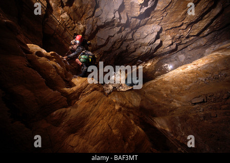 Kate Humble and Steve Backshall ascend the UK's largest natural shaft called Titan for BBC documentary entitle 'Ultimate Caving' Stock Photo