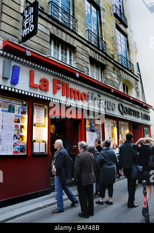 Paris France, Street Scene, Public Outside, Independent Cinema Theatre in the Latin Quarter 'La Filmotheque' Vintage Sign, Front, looking at French, Stock Photo