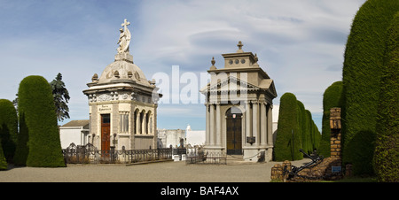 Panoramic view of two mausoleums. The Historic Municipal Cemetery in Punta Arenas, Chile, South America. Stock Photo
