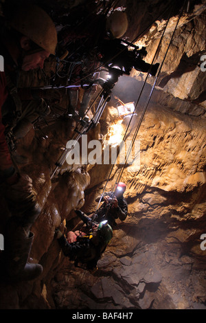 Kate Humble and Steve Backshall ascend the UK's largest natural shaft called Titan for BBC documentary entitle 'Ultimate Caving' Stock Photo