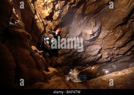 Kate Humble and Steve Backshall ascend the UK's largest natural shaft called Titan for BBC documentary entitle 'Ultimate Caving' Stock Photo