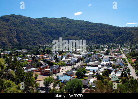 Aerial view of houses of San Martin de los Andes, a town in the Argentinean Patagonia surrounded by mountains Stock Photo