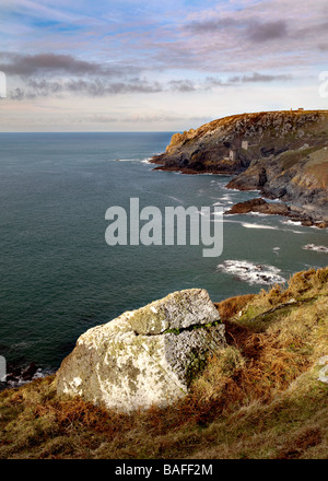 View along Cornish coast towards Botallack tin mines, England Stock Photo