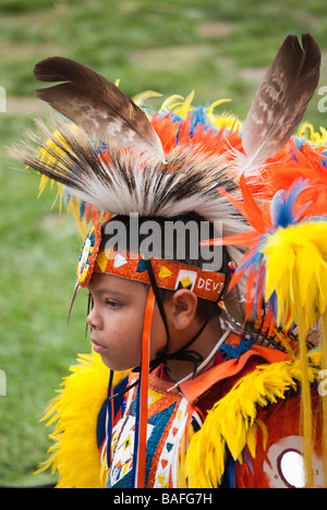 A young boy of the Haliwa Saponi Indian Tribe in North Carolina wearing ...