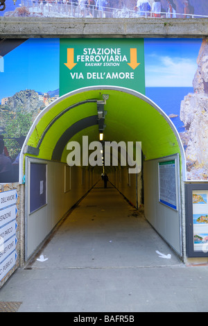 Connection tunnel and walkway from the village center to the train station in Manarola, Cinque Terre, Liguria, Italy. Stock Photo