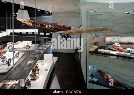 Mercedes Museum, Stuttgart, Germany, Un Studio (Ben Van Berkel and Caroline Bos), Mercedes museum atrium with plane. Stock Photo