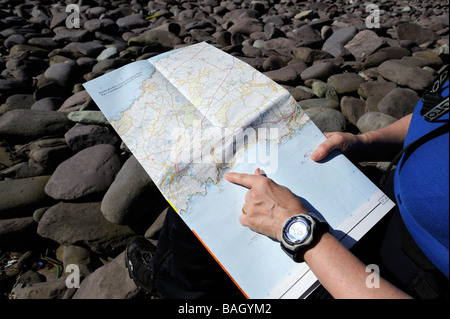 Female walker reading a map on the Pembrokeshire coast path Wales UK Stock Photo