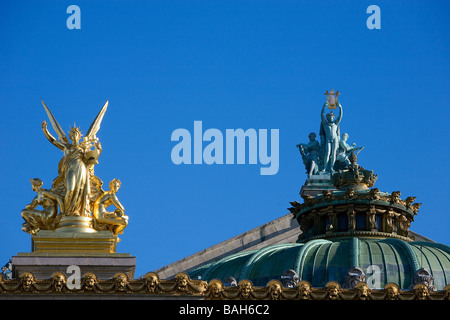 France, Paris, roof detail of the Garnier Opera house, on the right Apollo lifting his lyre and left the muse of poetry by Aime Stock Photo