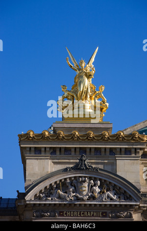 France, Paris, roof detail of the Garnier Opera house, the muse of poetry by Aime Millet Stock Photo