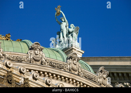 France, Paris, roof detail of the Garnier Opera house, Apollo lifting his lyre by Aime Millet Stock Photo