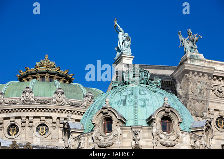 France, Paris, roof detail of the Garnier Opera house, on the left Apollo lifting his lyre by Aime Millet and Pegasus by Eugene Stock Photo