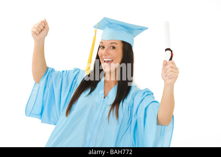 A female caucasian in light blue graduation gown and very excited She is on a white background Stock Photo