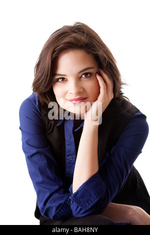 Face of a beautiful young caucasian business student woman in blue shirt leaning head on hand isolated Stock Photo