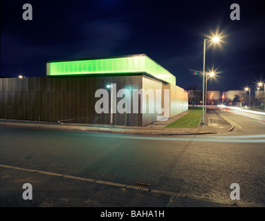 Jks Workshop, Clydebank, United Kingdom, Gordon Murray and Alan Dunlop Architects, Jks workshop exterior at night. Stock Photo