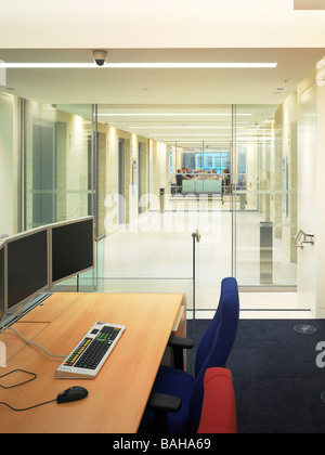 Bishopsgate, London, United Kingdom, Gensler, Bishopsgate lift lobby from desks people at far desk. Stock Photo