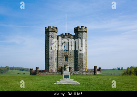 Hiorne Tower an 18th Century Folly on a fine Spring day, Arundel Park, Sussex Stock Photo